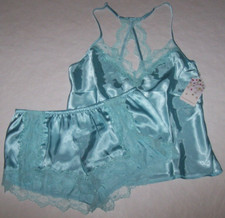 NWT In Bloom by Jonquil CLEARWATER AQUA SATIN Pajama/Lounge SHORTS Set XL LACE