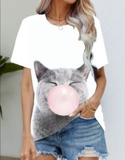 Blusa Camiseta Mujer Gato Gris Chicle Gráfico Moda Manga Corta Camiseta Suave
