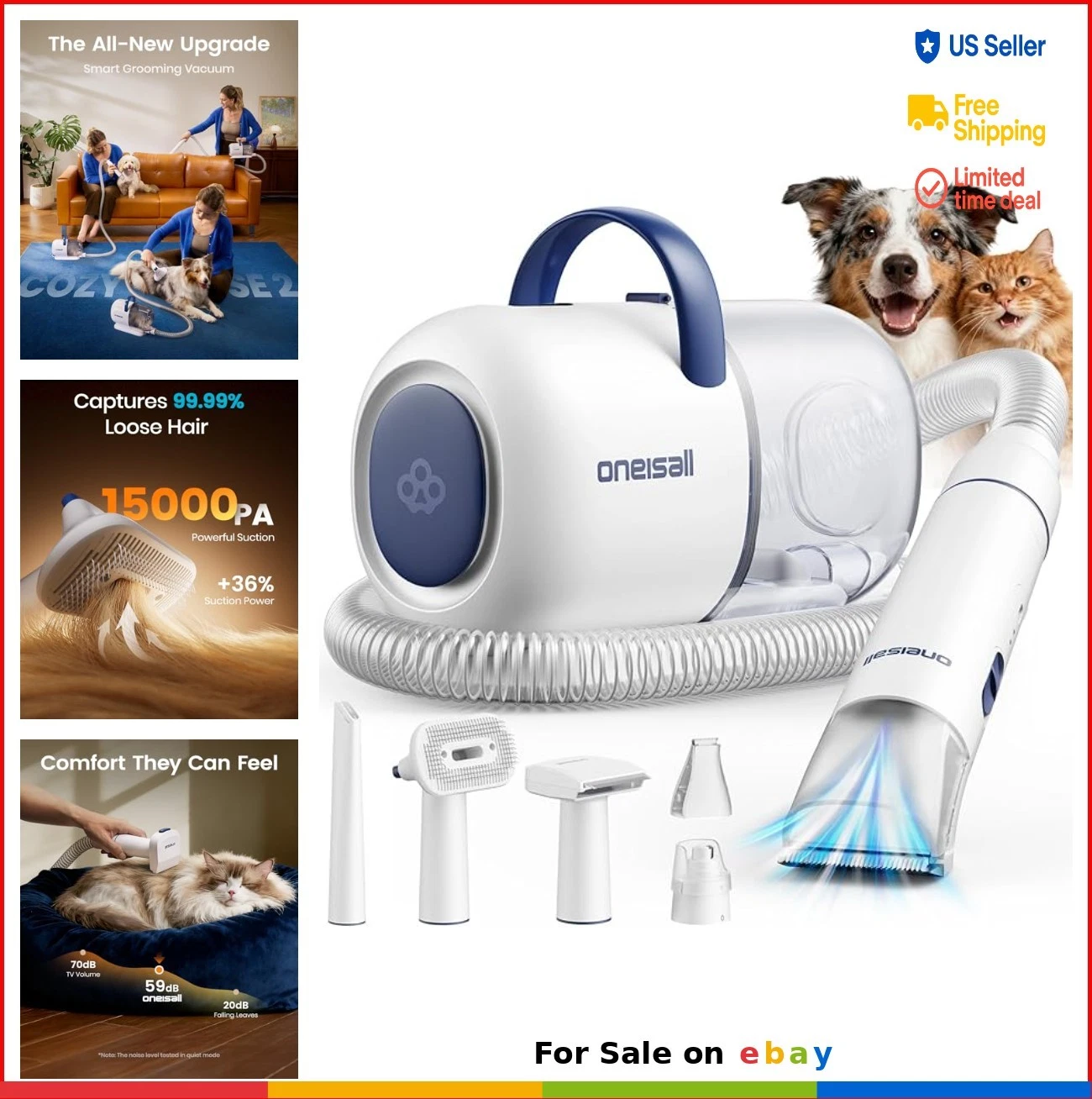 Dog Grooming Vacuum 15000Pa Quiet Pet Hair Clippers 6 In 1 Kit 2L Canister