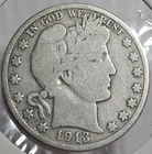 1913-D BARBER HALF DOLLAR 90% SILVER KEY DATE, ONLY 534,000 MINTED, GOOD DETAILS