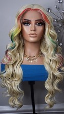 New Long Wavy Rainbow 613 Blonde Human Hair Blend Lace Front Wig Womens Fashion