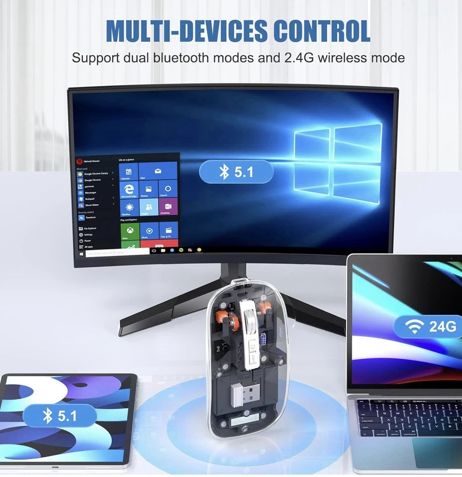 Transparent LED Wireless Mouse Silent Slim 2.4G USB Type-C DPI Adjustable PC Mac - Image 3 of 4