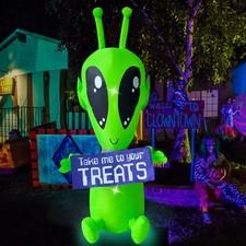 4 FT Halloween Inflatable Alien with Banner Decoration Blow Up Built-in LED f...