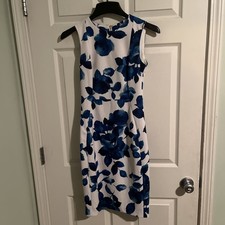 Calvin Klein Women’s DressNew S 2 White  Blue Flowers  Sleveless,Knee Lengh