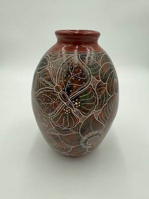 VTG San Juan de Oriente Nicaragua ArtPottery Vase 8  Butterfly & Flowers -Signed