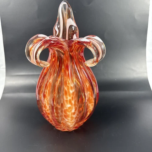 Murano Style Hand Blown Art Glass Vase Orange Vintage