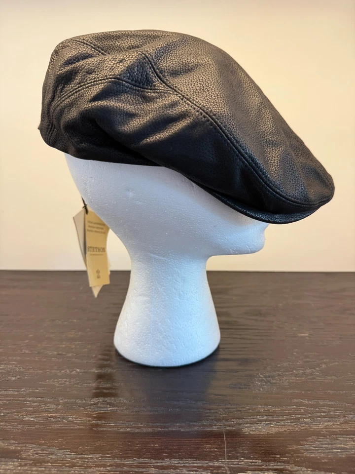 Sombrero Stetson Para Hombres 59 Cuero Negro Quilcene Newsboy Gorra Plana Hecho en Alemania Foto 3 de 4