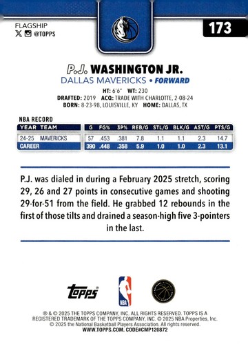 2025-26 Topps NBA Basketball Base #173 P.J. Washington Jr. Dallas Mavericks - Bild 2 von 2