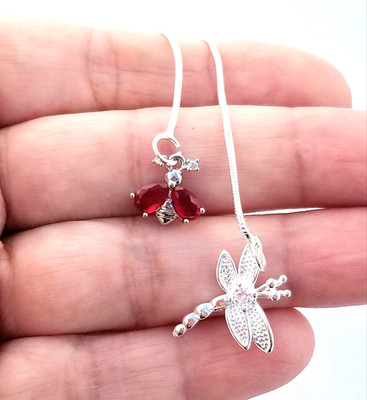 Sterling Silver Garnet Lariat Necklace, Dragonfly & Bee January Birthstone