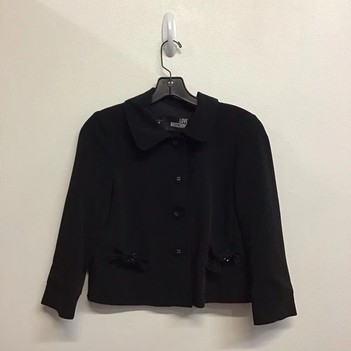Giacca blazer LOVE MOSCHINO nera cropped con bottoni e accenti di fiocco taglia small