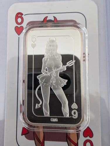 CMG Mint Six Of Hearts Naughty Devil Girl 1 Oz .999 Fine Silver Bar