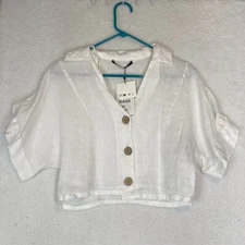 Zara Womens Small Top Linen Oversized Collared Boxy Cropped READ