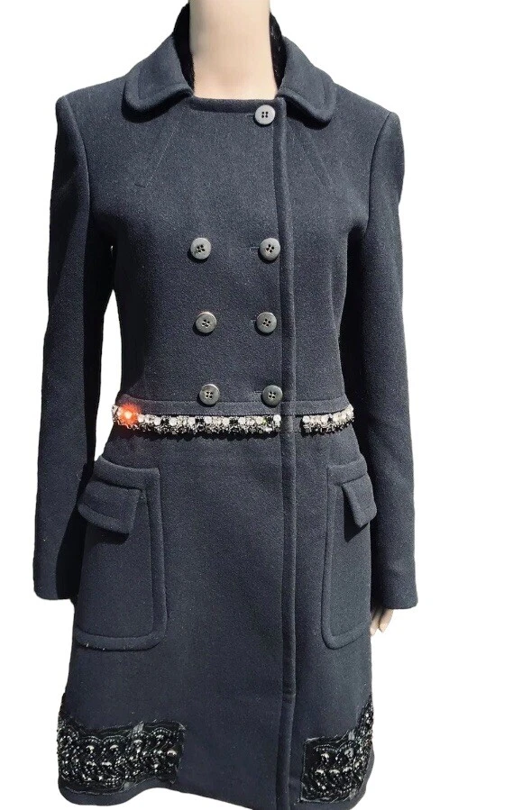 Prada soprabito blu scuro con accenti neri cristalli e collo pelliccia tg 6 eu 42