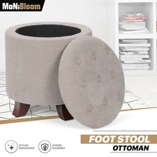 17" Beige Round Lift Top Storage Ottoman Upholstered Home Footstool Wooden Legs