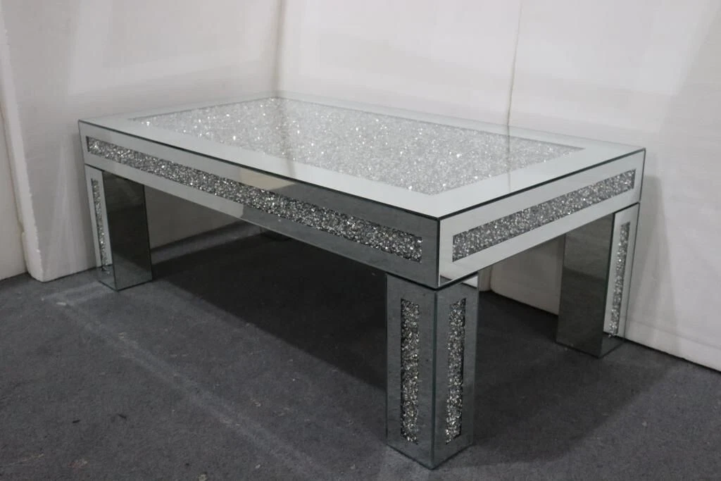 Stunning Sparkly Mirrored Silver Crushed Diamond Coffee Table Glitz Sparkle