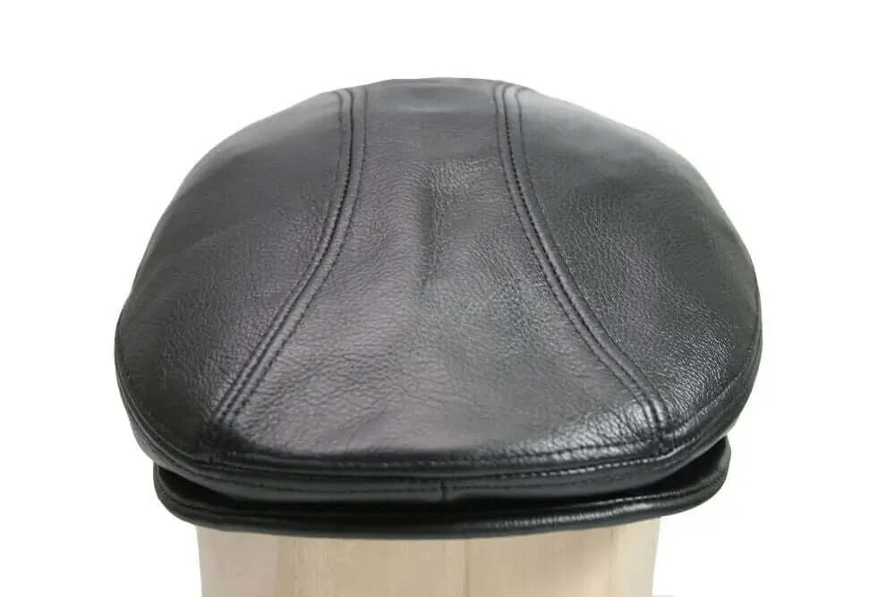 Men's Real Leather Gatsby Black Cap Golf Driving Ascot Flat Cabbie Ivy Newsboy