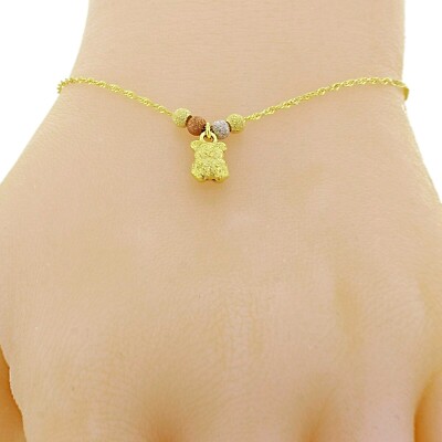 14k Tri Color Gold Kugel Perlen Teddybär Bettelarmband Singapur Kette 7'' 1,1g