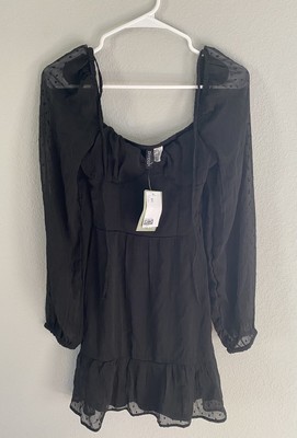 H&M Divided Black Chiffon Sweetheart Neck Dot Long Sleeve Puff Dress XXS NWT