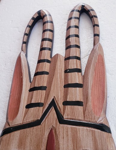 Easter Abstract Rabbit Wood African Mask Tribal Folk Art Wall Decoration 23x6" - Picture 3 of 6