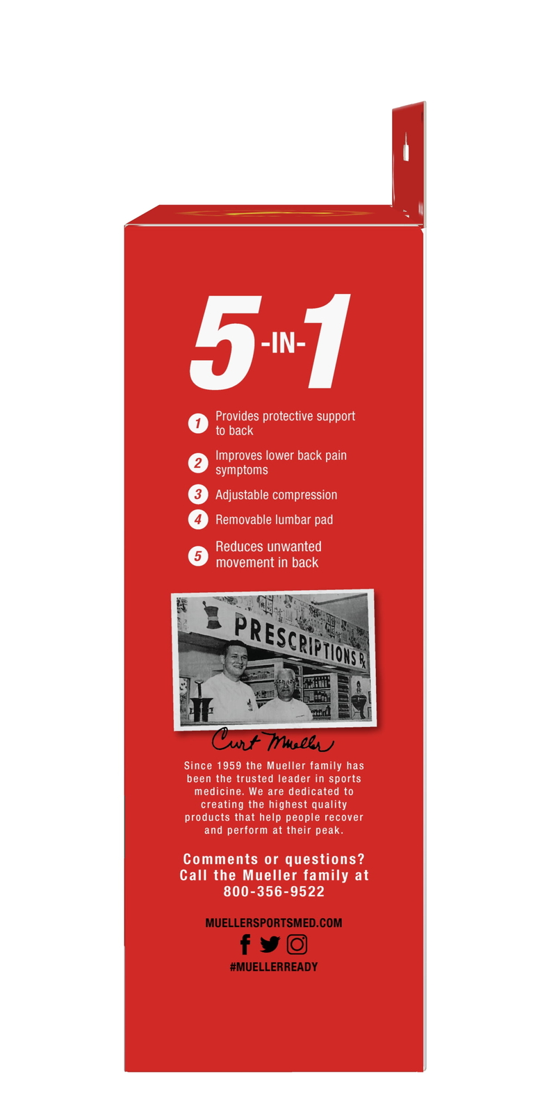 MUELLER  Adjustable Lumbar Back Brace Removable Pad, Pain Relief Support  Black