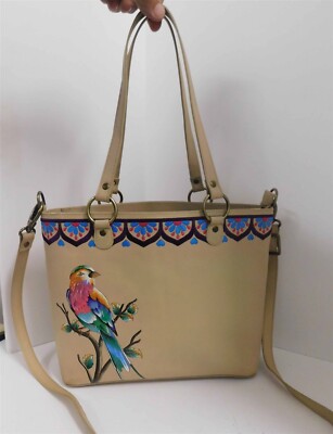Anuschka Hand Painted Embroidered Tan Leather Parrot Large