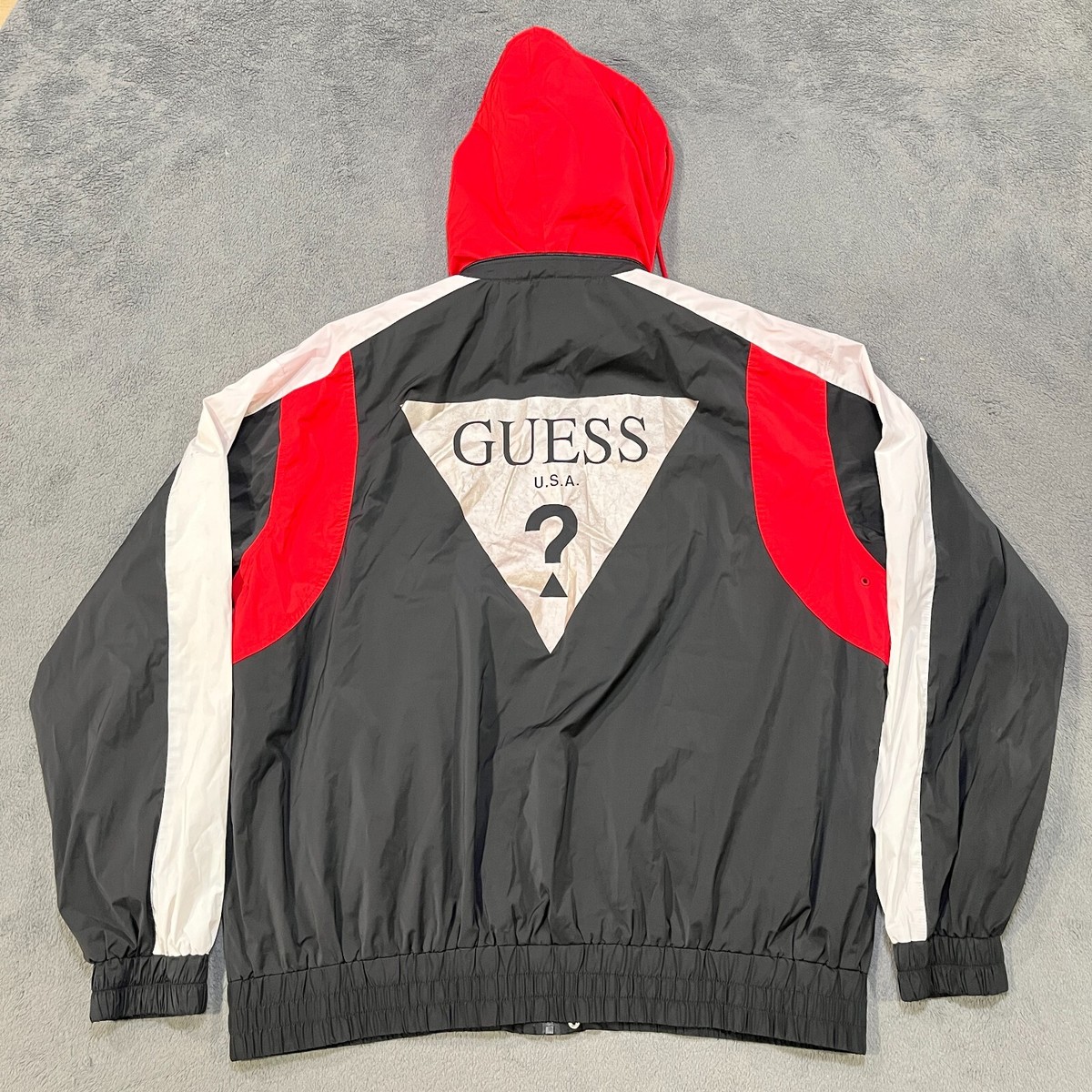 Guess USA ジャケット Guess Los Angeles Black Red Button Windbreaker Hooded Jacket
