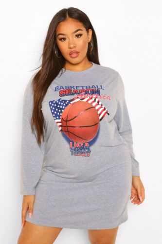Boohoo Plus Size Grey Long Sleeve Basket Ball T-shirt Dress Size 26 - Picture 1 of 4