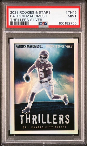 2023 Panini Rookies & Stars Patrick Mahomes THRILLERS #TH15, SILVER PRIZM, PSA 9