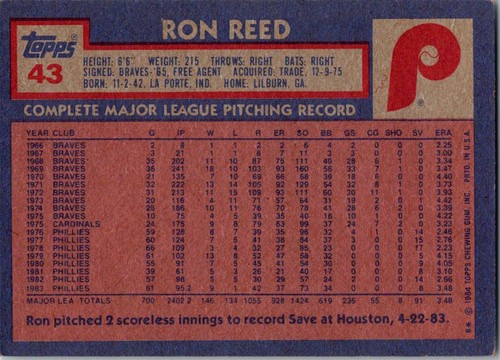 1984 Topps #43 Ron Reed - Foto 2 di 2