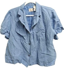 Emma James 16W blue lined multi pockets button down collared short sleeve top