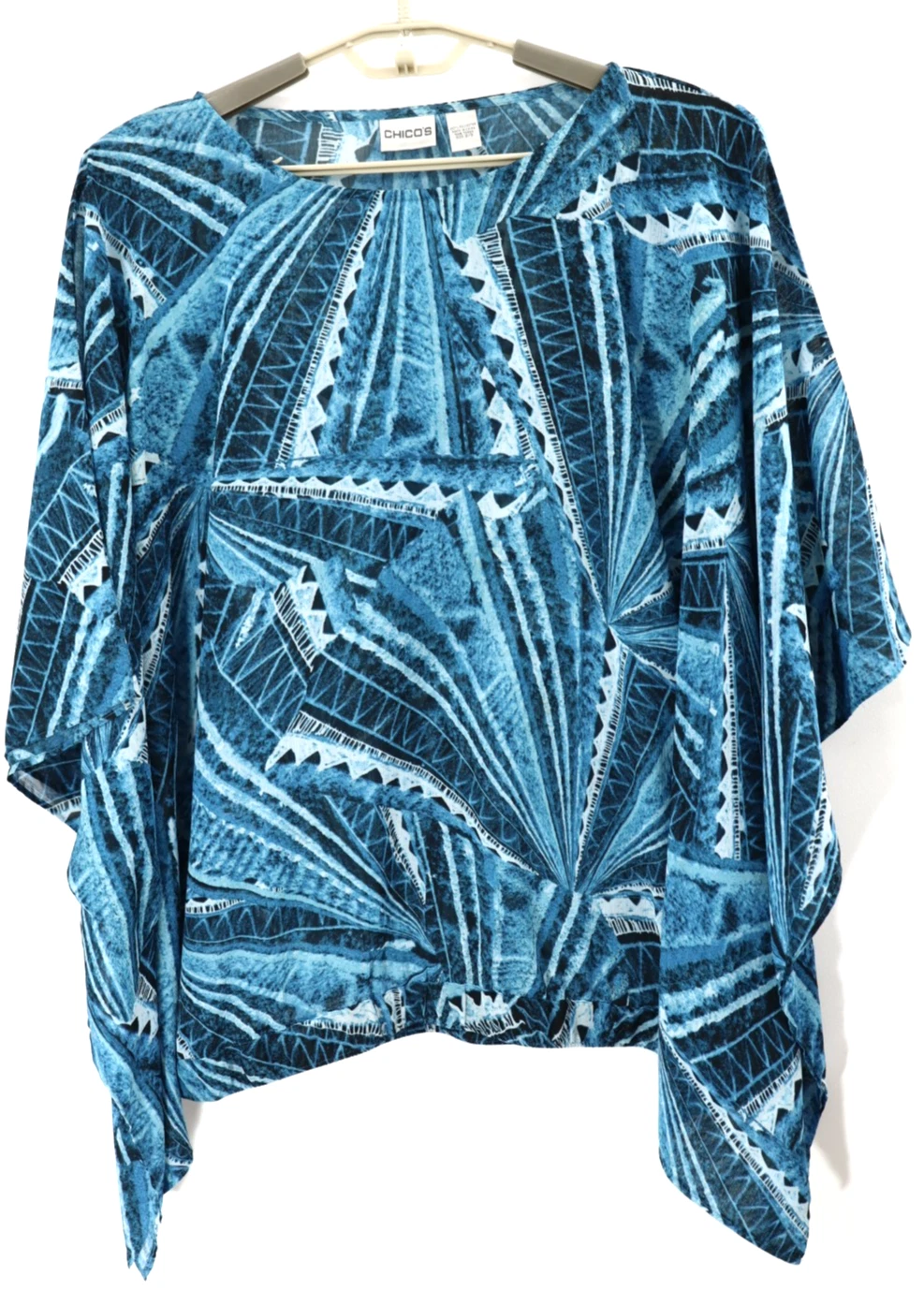CHICO'S Women's Polyester Poncho Blouse Short Sleeve Geometric Blues 2/3 L XL