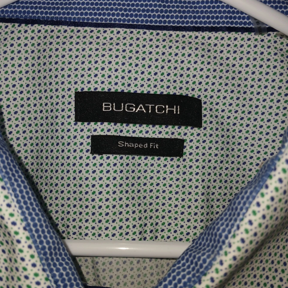 Camisa Bugatchi en forma de ajuste para hombre con botones manga larga azul verde micro estampado geográfico Foto 2 de 4
