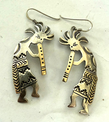 Vintage  Native American KOKOPELLI Sterling & 14K Gold Earrings