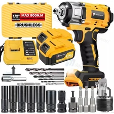 Cordless Impact Wrench 1/2" 800Nm High Torque Brushless Drill Driver 2 Battery