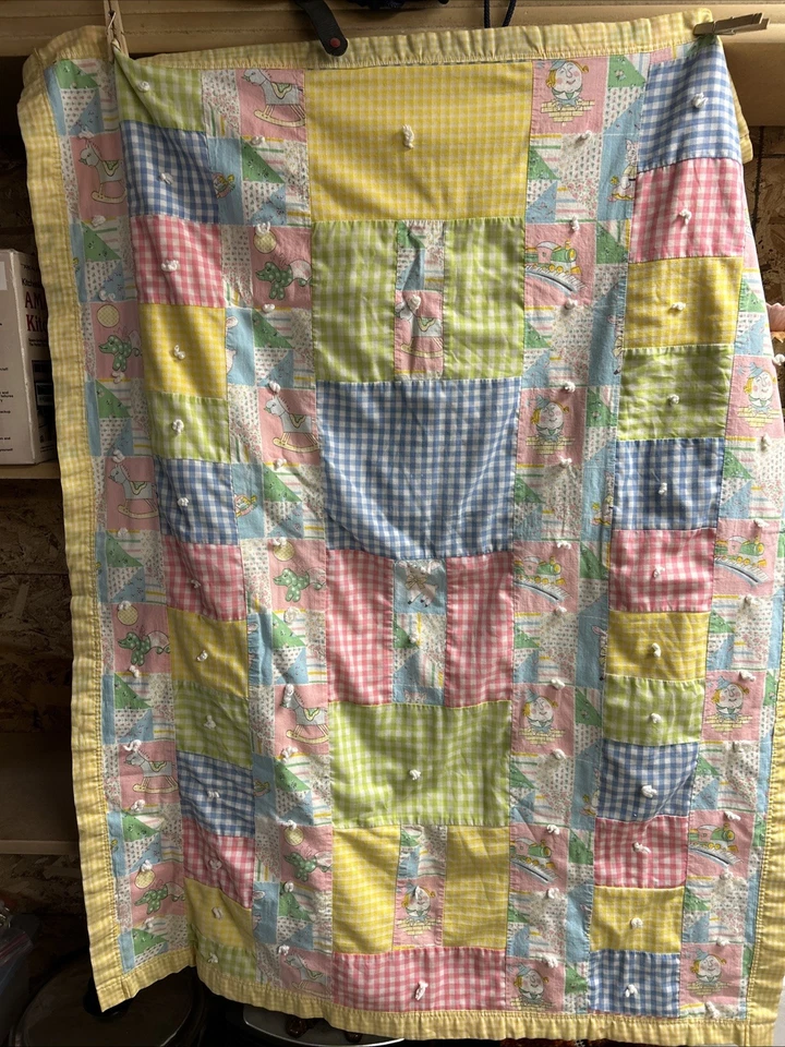 De Colección Guinga Bebé Corbata Edredón Cuna Manta Guardería Pastel Rosa Azul Amarillo Hecho a Mano Foto 2 de 4