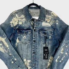 Si Tu Veux Arthur Denim Jacket Mens Medium Indigo Wash Distressed Paint Splatter
