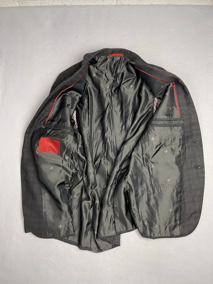 Isaia Mens Wool Sport Coat Blazer Jacket Size 52 Gray Check *FLAWS - Image 3 of 4