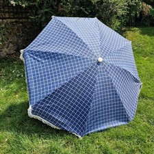 Vintage Retro Blue Checked Fringed Garden Sun Parasol Umbrella Campervan Summer 