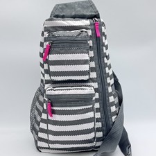 Thirty One Sling Backpack Gray White Chevron Stripe Crossbody Bag Pink Accents