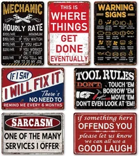 Mechanic Shop Wall Art Funny Vintage Metal Signs 7 Piece Gift Set Man Cave Rules