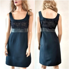 🆓US🛃 VALENTINO lace trimmed leather detail dark blue silk Dress 10