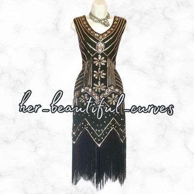 DAMEN PAILLETTEN PERLEN 20er GATSBY ANLASS PARTY KLEID GRÖSSE XL passt UK16