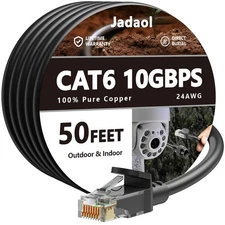 Cat6 Outdoor Ethernet Cable 50ft, 24AWG 10Gbps Support Cat8/7 Black 