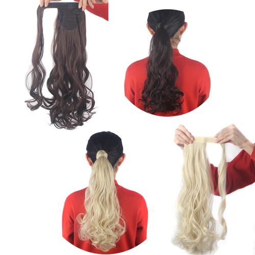 18-24" Thick Wavy Curly Straight Wrap Bandage Ponytail Extension Synthetic Hair - Picture 3 of 26