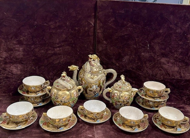 Possibly Antique Japanese Gold Satsuma Moriage Dragonware Tea Set