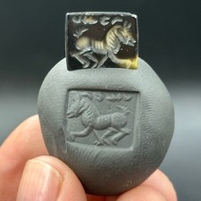 Wonderful Black Agate Stone Ancient Roman Horse & Inscription Intaglio cabochon