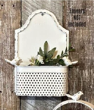 New Shabby Farmhouse Rustic AGED WHITE BIRD WALL BASKET Metal Pocket