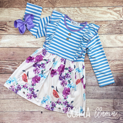 Girls OOh La LLama Darby Ruffle Dress with Ruffles Stripes and Flowers 12/18 Mth
