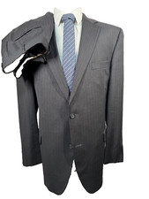 JACK VICTOR Mens Brown Wool Pinstripe Pleated 2pc Suit 46L Jacket 36x30 Pant