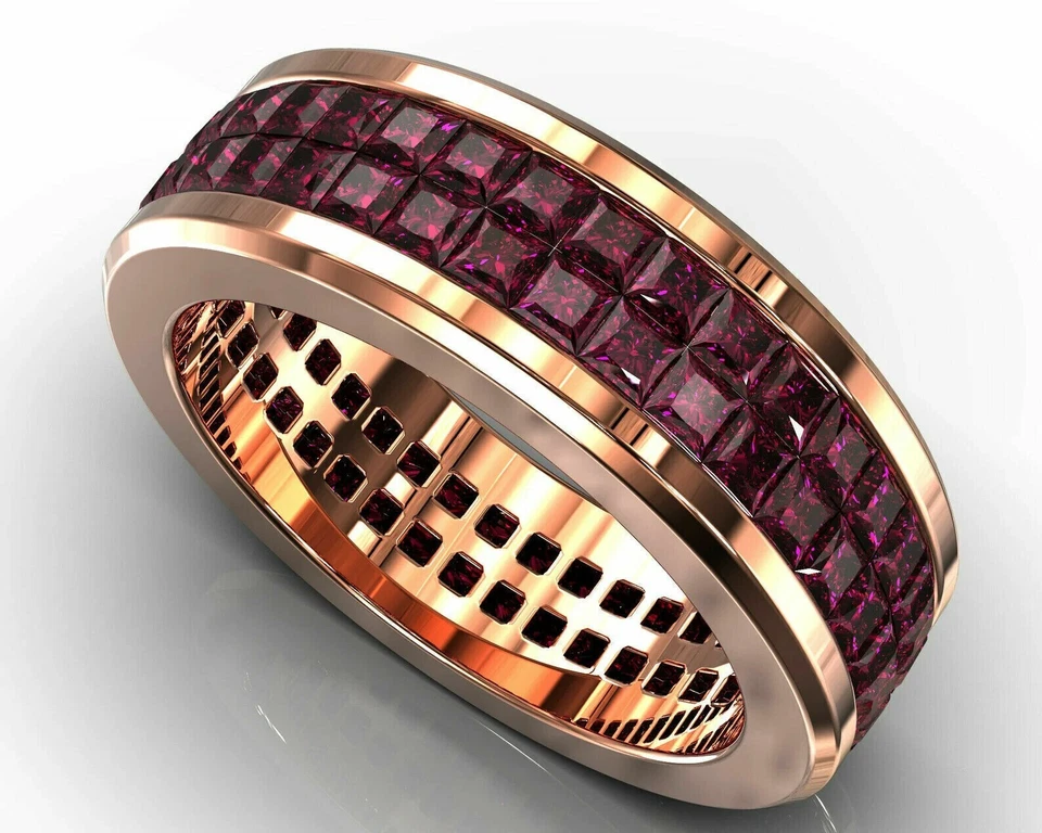 Anillo de alianza de boda princesa simulado rubí rosa para hombre acabado de oro rosa de 14 quilates de 2 quilates Foto 3 de 4